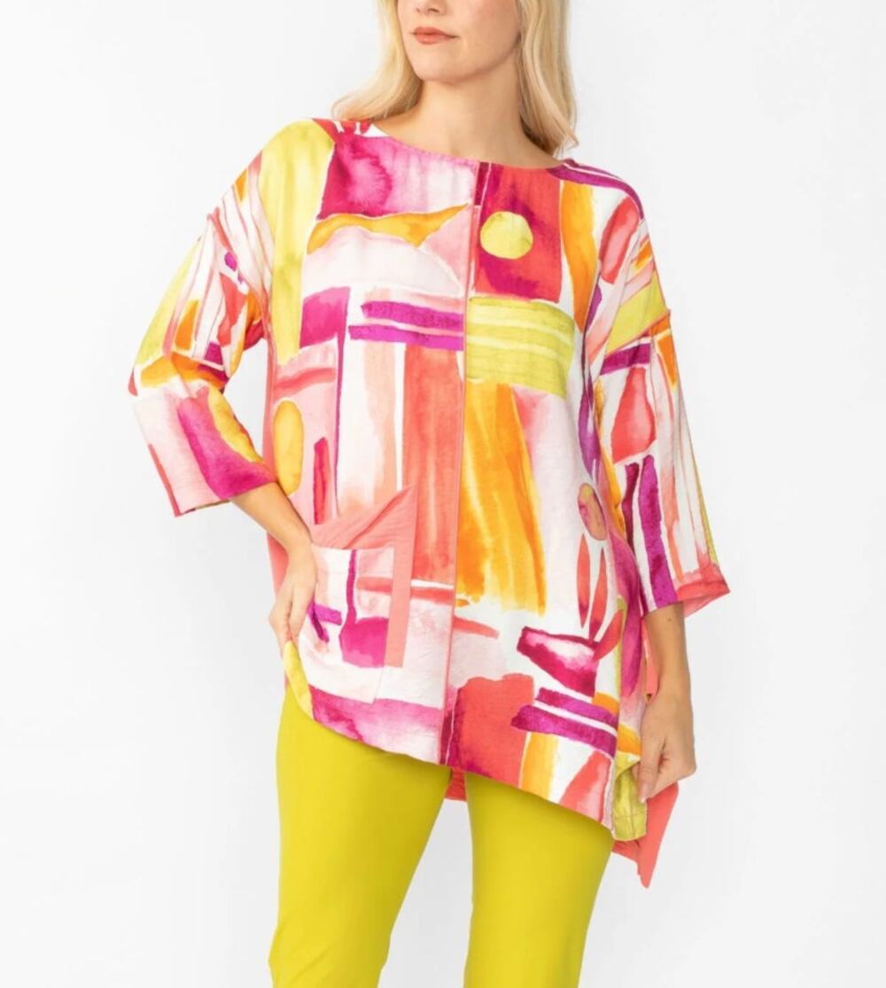 IC Collection Pink Water Color Print Blouse Top Relaxed Oversized Small NWT